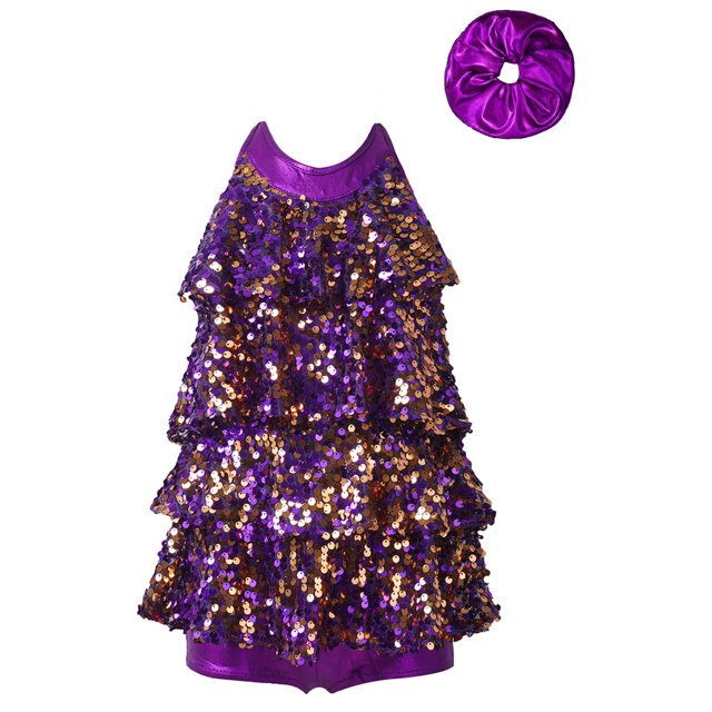 iiniim Costume de Danse pour Filles, Robe à Volants avec Paillettes, Robe de Performance Latin Jazz avec Attache-Cheveux Violet 12