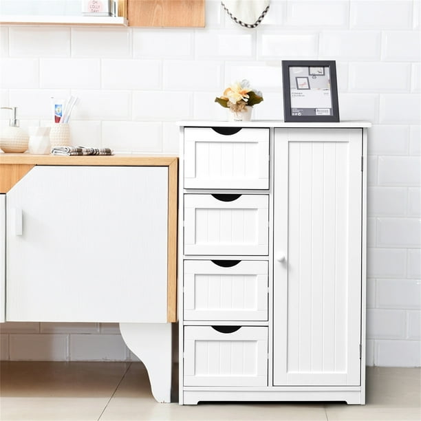 Armario Auxiliar de Baño Costway de Madera con 4 Cajones y Puerta Color Blanco