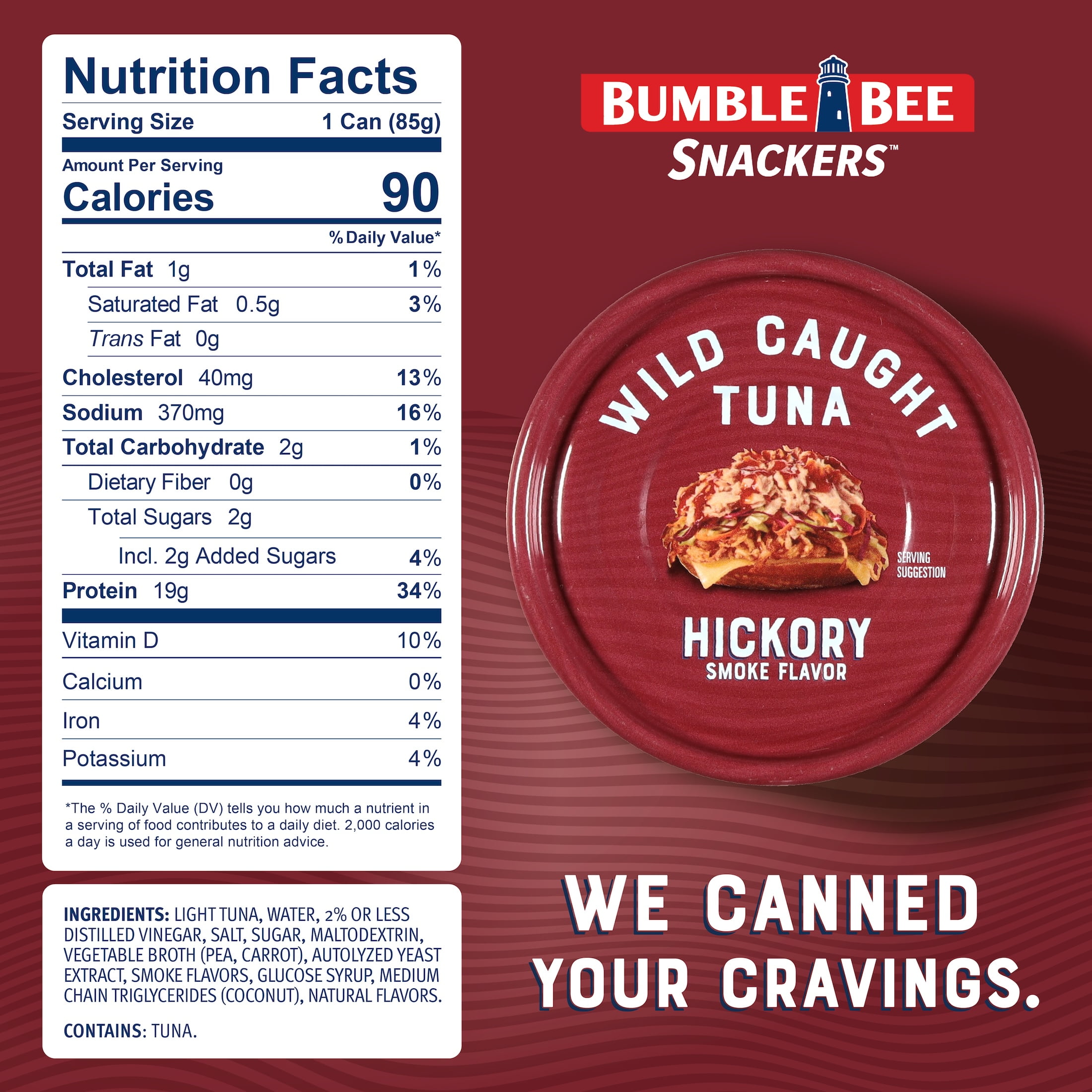 (16 pack) Bumble Bee Hickory Smoke Flavored Light Tuna, Wild Caught, Gluten Free, 19g Protein per Serving, Ready to Eat, No Draining, Shelf Stable Pull Tab Can, 3 oz