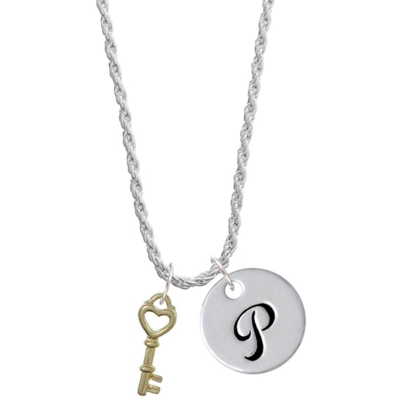Delight Jewelry Goldtone Open Heart Key Silvertone Script Initial Disc - P - Charm Necklace, 20"+3"