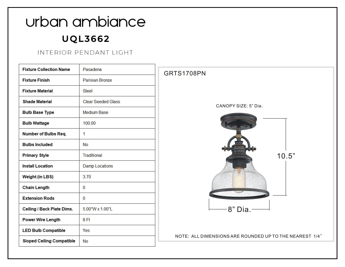 Luxury Traditional Indoor Ceiling Light, 10.50''H x 8.00''W, with Classic Style Elements, Vintage Design, Parisian Bronze Finish and Clear Seeded Glass, UQL3662