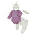 thumbnail image 2 of Aojekbee Baby Girl Fall Outfit, Letter Embroidery Long Sleeve Romper Elastic Waist Pants Hat Headband 4 Piece Set, 2 of 10