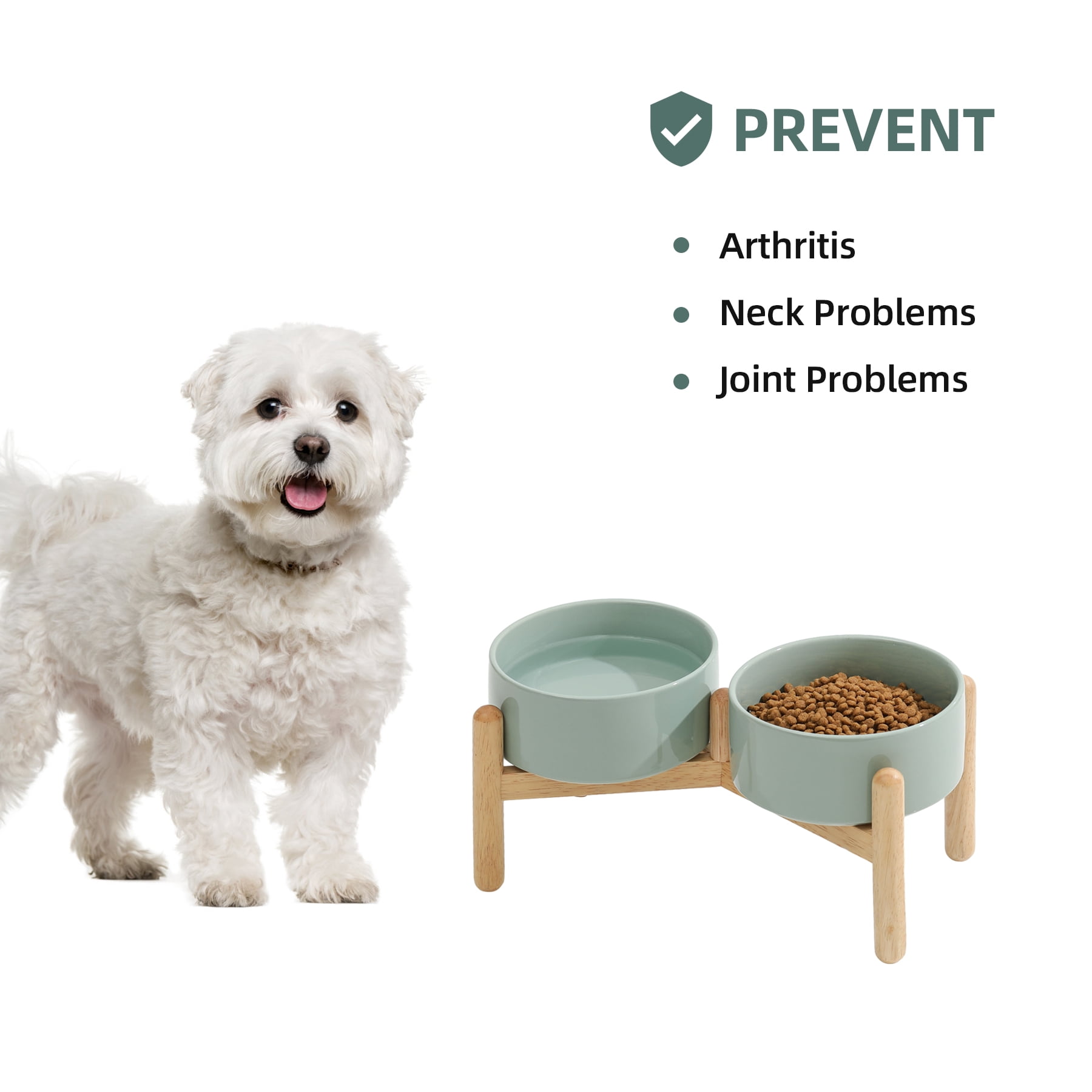 LarqeeWare Ceramic 6.1inch Raised Dog Bowl with Stand for Small and Medium Breed Dog Dish Pet Food and Water Bowl (Double Bowl with Stand - Light Green, 28oz)