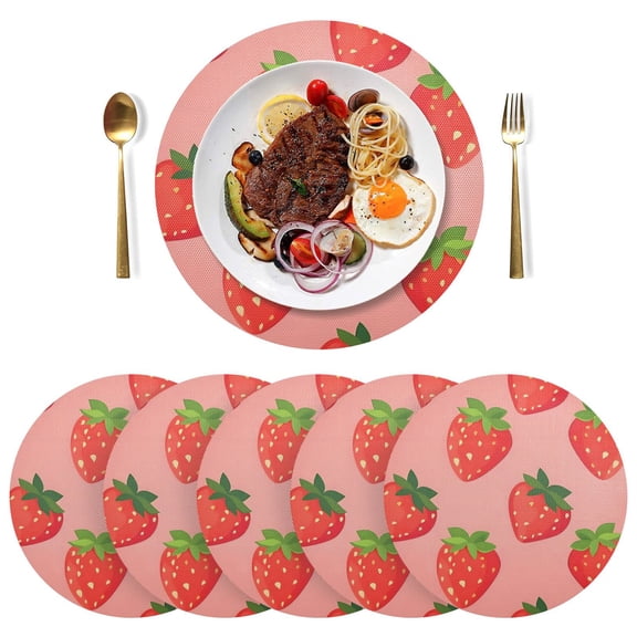 Strawberry Pattern Black Round Placemats Plate Mats 15 Inch Non-Slip Heat Resistant Washable PVC Set Indoor for Kitchen Dining Table 1PC