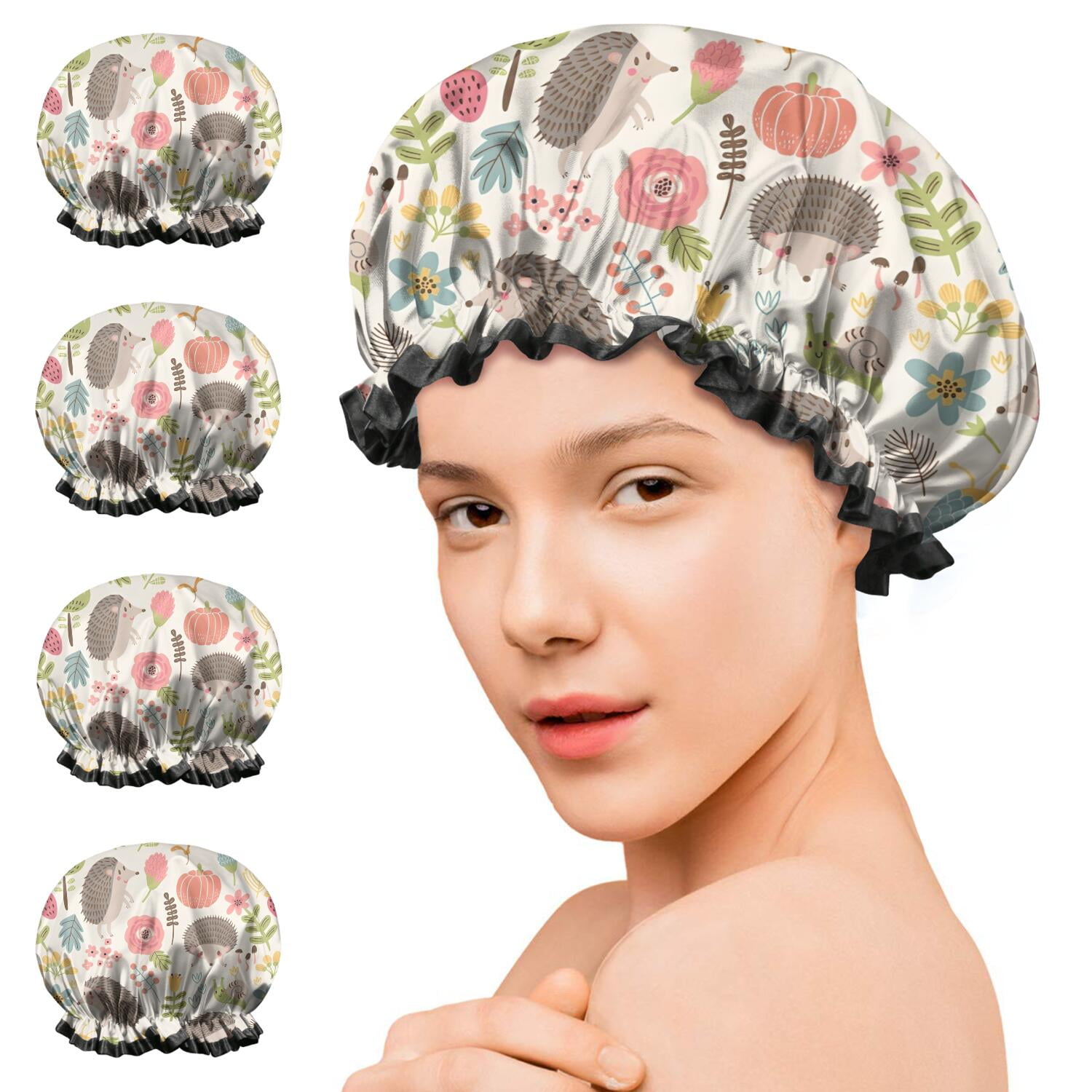 Shower Caps,Cute Hedgehog Pattern with Pioneer Flower Waterproof Shower Cap for Women 4 Pieces,Double Reusable Hair Cover for Shower PEVA Elastic Stretch Hem