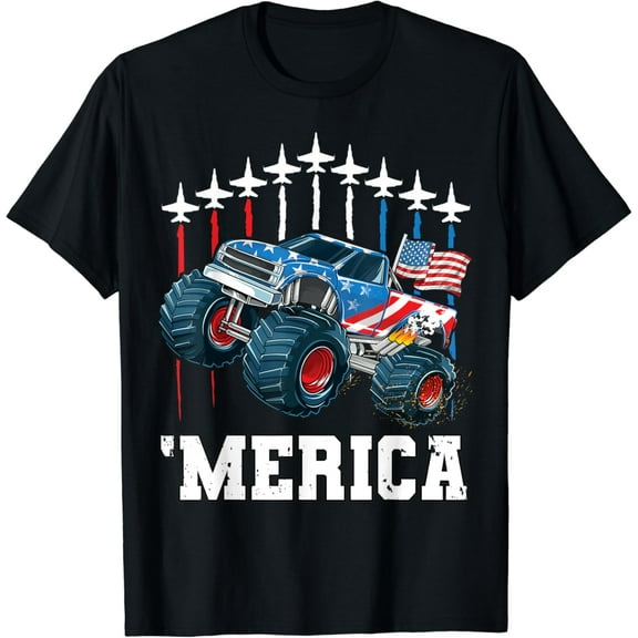 Monster Truck USA Flag Merica Boys Kids Men 4th of July T-Shirt