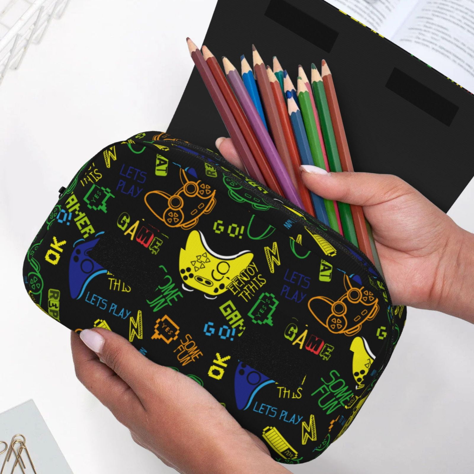 Rateoe Game Play Pattern Double Clamshell Pen Case, Storage Organizer with Two Zipper Compartments– Holds Up to 50 Pencils & Pens