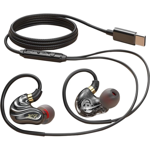 USB C Dual Driver Wired Earphones with Mic, 1.2m Cord Type C in Ear Headphones with Hook Wrap Around Over Ear, Extra Bass HiFi Earbuds for iPhone 15 16 17 Samsung and All USBC Phones