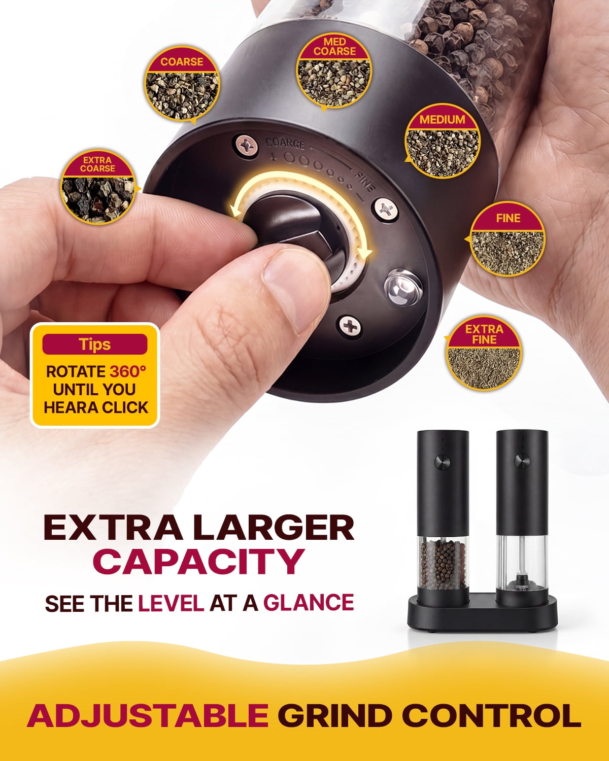 Katbite Electric Salt and Pepper Grinder Set, Battery Powered Mill, Adjustable Coarseness, LED Light