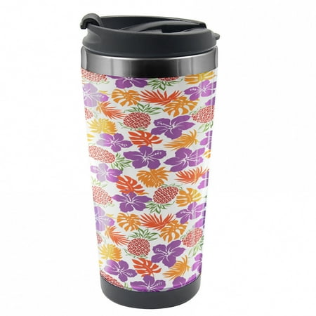 

Pineapple Travel Mug Tropical Hawaii Hibiscus Steel Thermal Cup 16 oz by Ambesonne