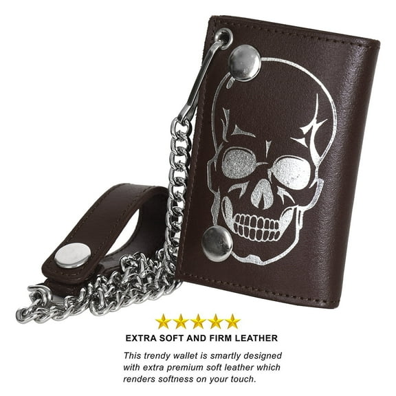 Leatherboss Genuine Leather Skull Print Biker's Wallet ID Card Holder with Chain, Dark Brown