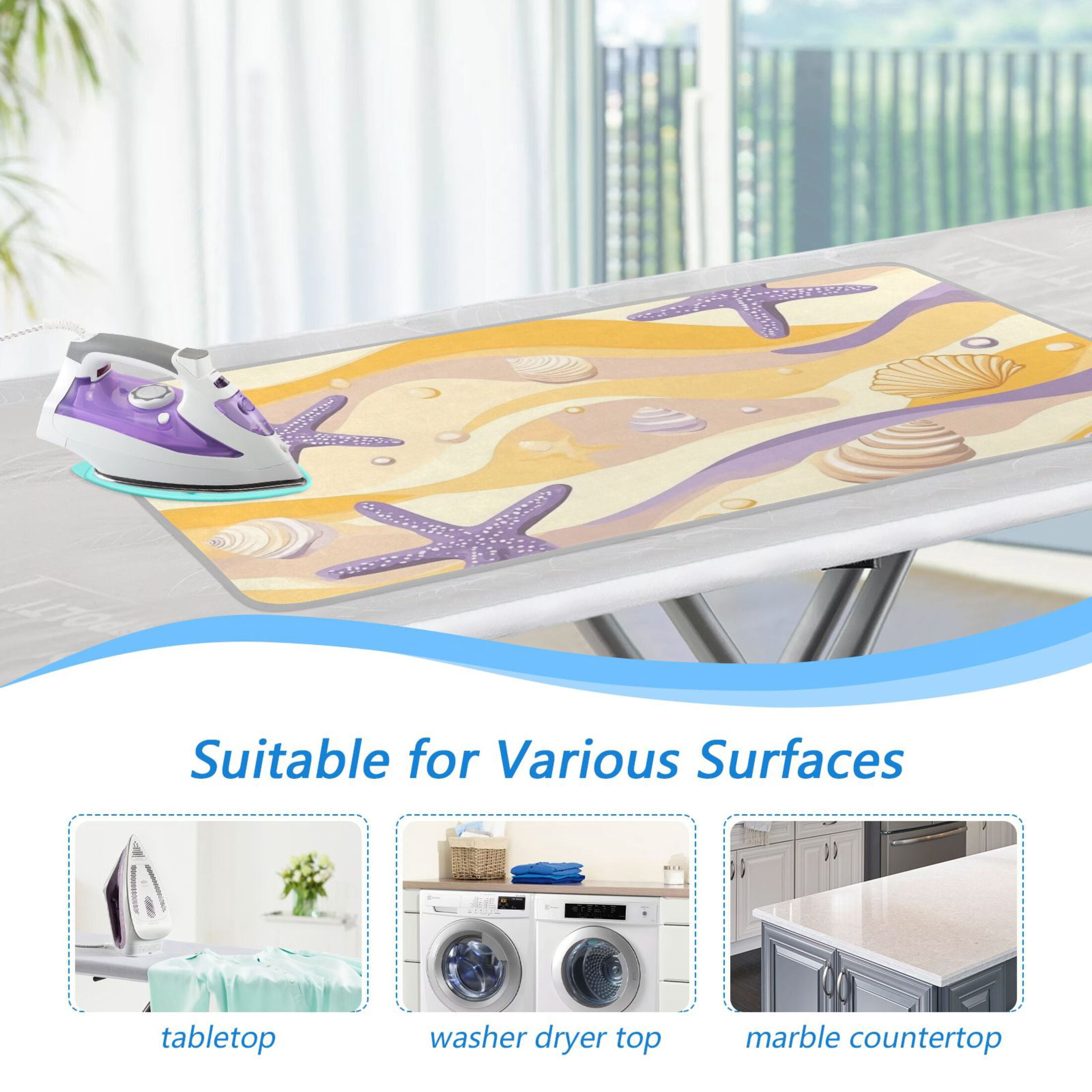 Purple and Yellow Shells Starfishes Ironing Mat Blanket Portable Travel Ironing Pad Heat Resistant Pad 47.2" x 27.6”