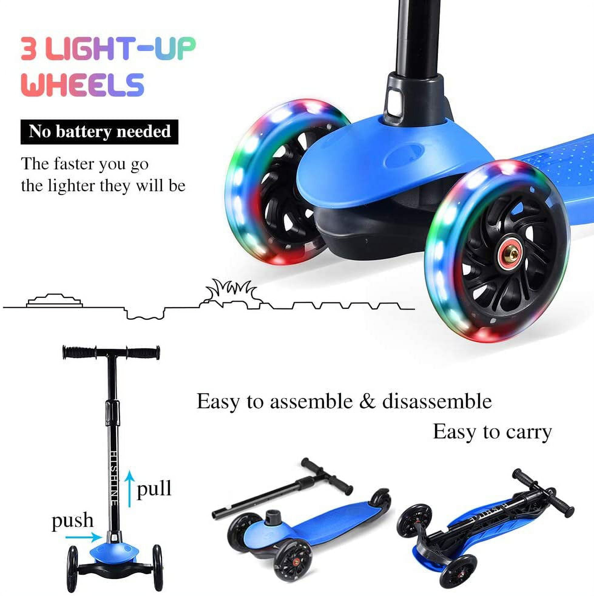Hishine Kick Scooter for Kids with 3 Light Up Wheels and Adjustable Height for 2-7 Years Old Ages Girls and Boys Toddlers & Children, Lean to Steer, 3-wheeled Scooters, Blue