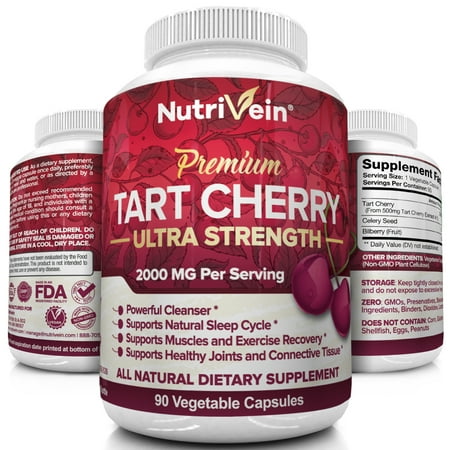 Nutrivein Tart Cherry Capsules 2000mg - 90 Vegan Pills - Antioxidants, Flavonoids - Supports Uric Acid Cleanse, Anti Inflammatory, Muscle Recovery, Joint Pain, Healthy Sleep, Juice Extract (Best Anti Inflammatory Meds)