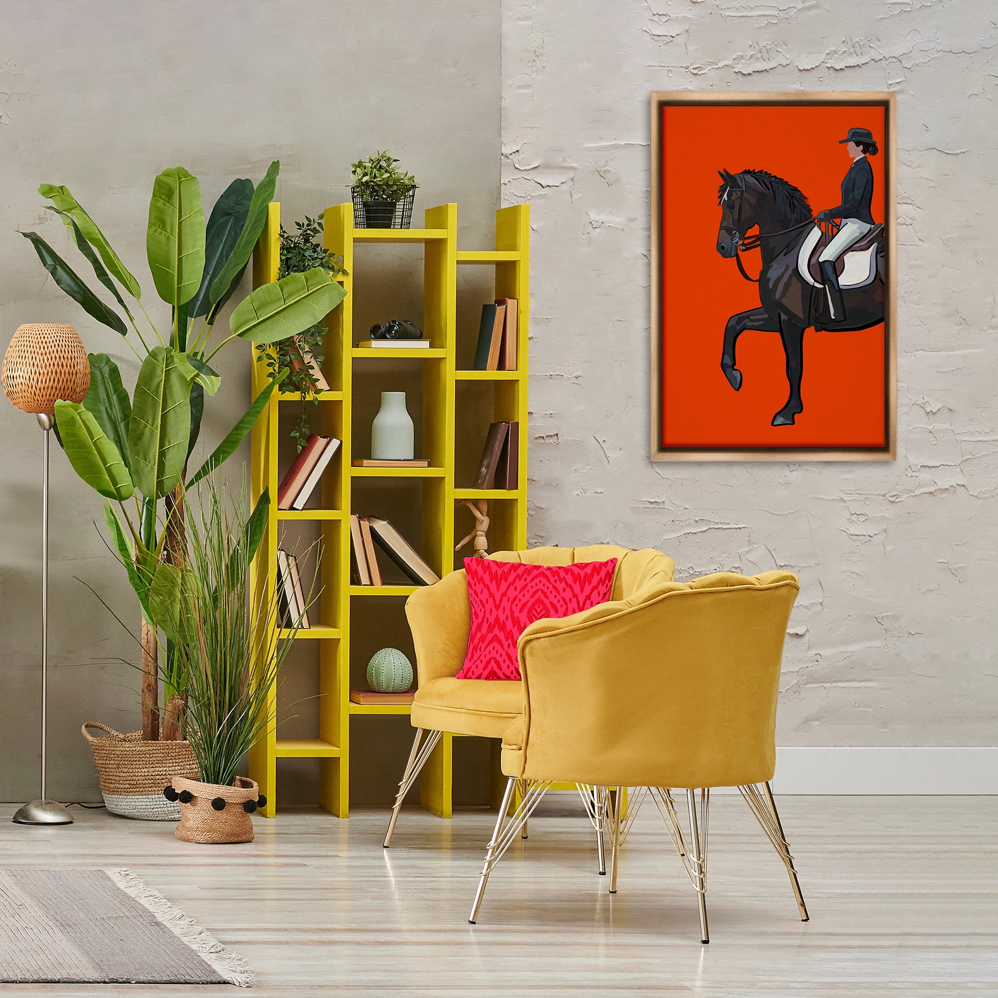 Stupell Industries Jockey & Horse on Orange Sports Painting Brown Floater Framed Canvas Art Print Wall Art, 21 x 31
