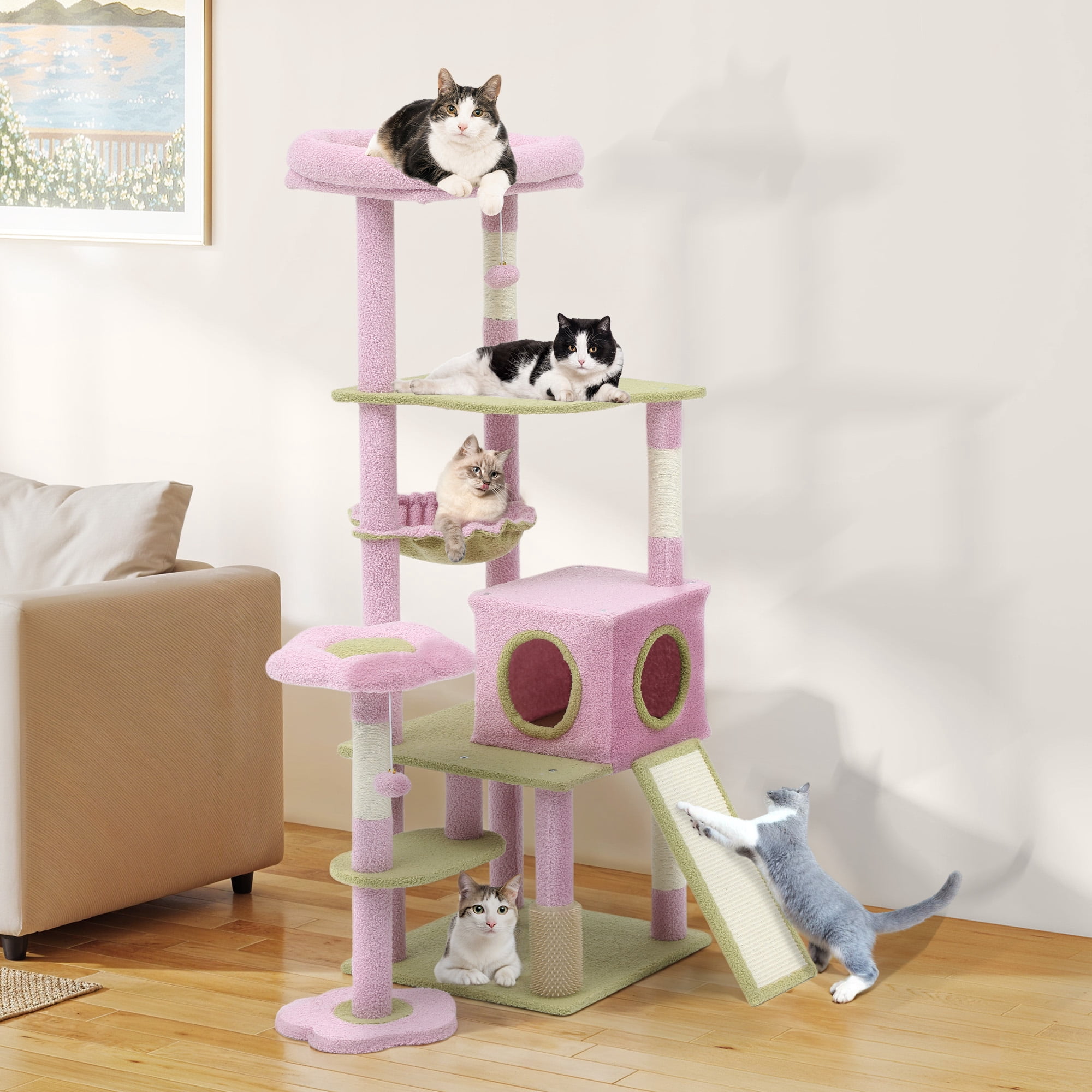 Uforic 61" Large Flower Cat Tree Tower with Hammock, Sisal Scratching Posts and Cat Scratched Board, Pink & Green