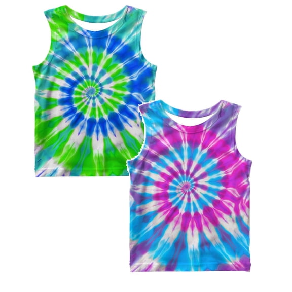 SGMVNU 2 Pack Tie Dye Tank Tops for Boys Casual Sleeveless Workout Tops Soft Crewneck Kids Summer Athletic Play Shirts, Size 7-8 Years, Purple & Green