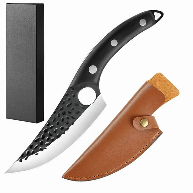 Multi-Purpose Forged Hammered Blade Knife with 60° Sharp Edge - Ideal for Meat Butchering, Fish Processing, Skinning & Vegetable Cutting | Features Black Color Wood Handle, PU Leather Sheath &