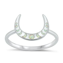 CHOOSE YOUR COLOR White Simulated Opal Crescent Moon Phase Ring .925 Sterling Silver Band CZ Female Size 5