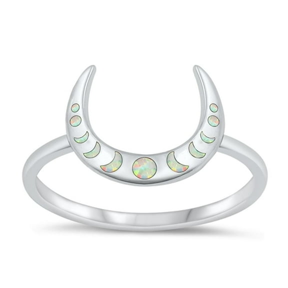 CHOOSE YOUR COLOR White Simulated Opal Crescent Moon Phase Ring .925 Sterling Silver Band CZ Female Size 7