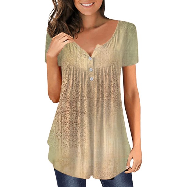 Gibobby Camiseta Powerblend con Cuello en V Camiseta verano para mujer, camiseta informal con cuello en V, manga corta, con botones(Beige,M)