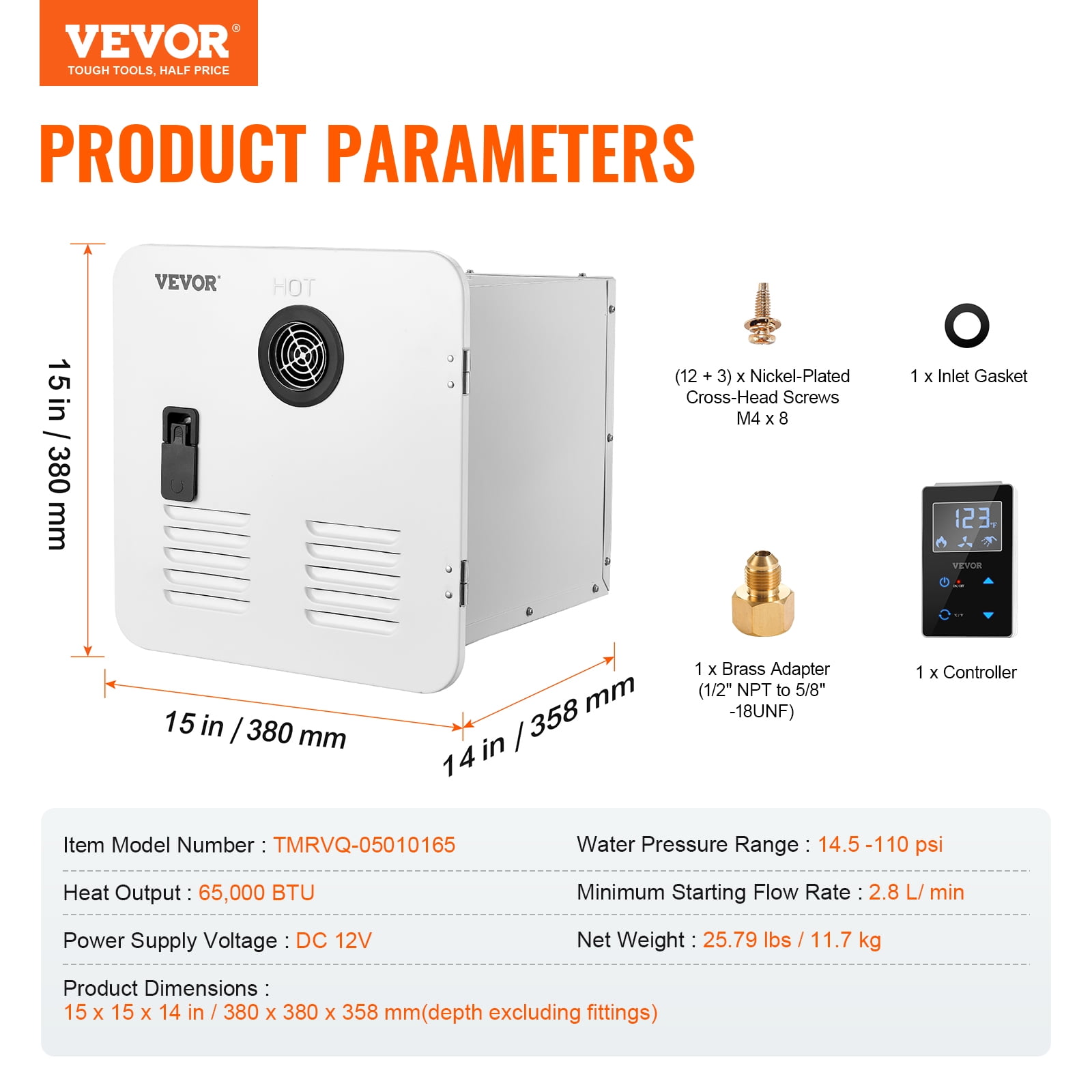 VEVOR RV Tankless Water Heater, Instant Shower with 15 x 15 inches White Door and Remote Controller, 65000BTU Optimized Comfort Performance Hot Water, Ideal for RVers Family Everyday Use
