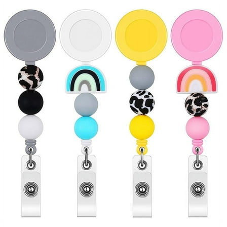 4Pcs Badge Reel, Nurse Reels Retractable Cute Silicone Beaded Reel with Swivel Clip and Key Ring for Office