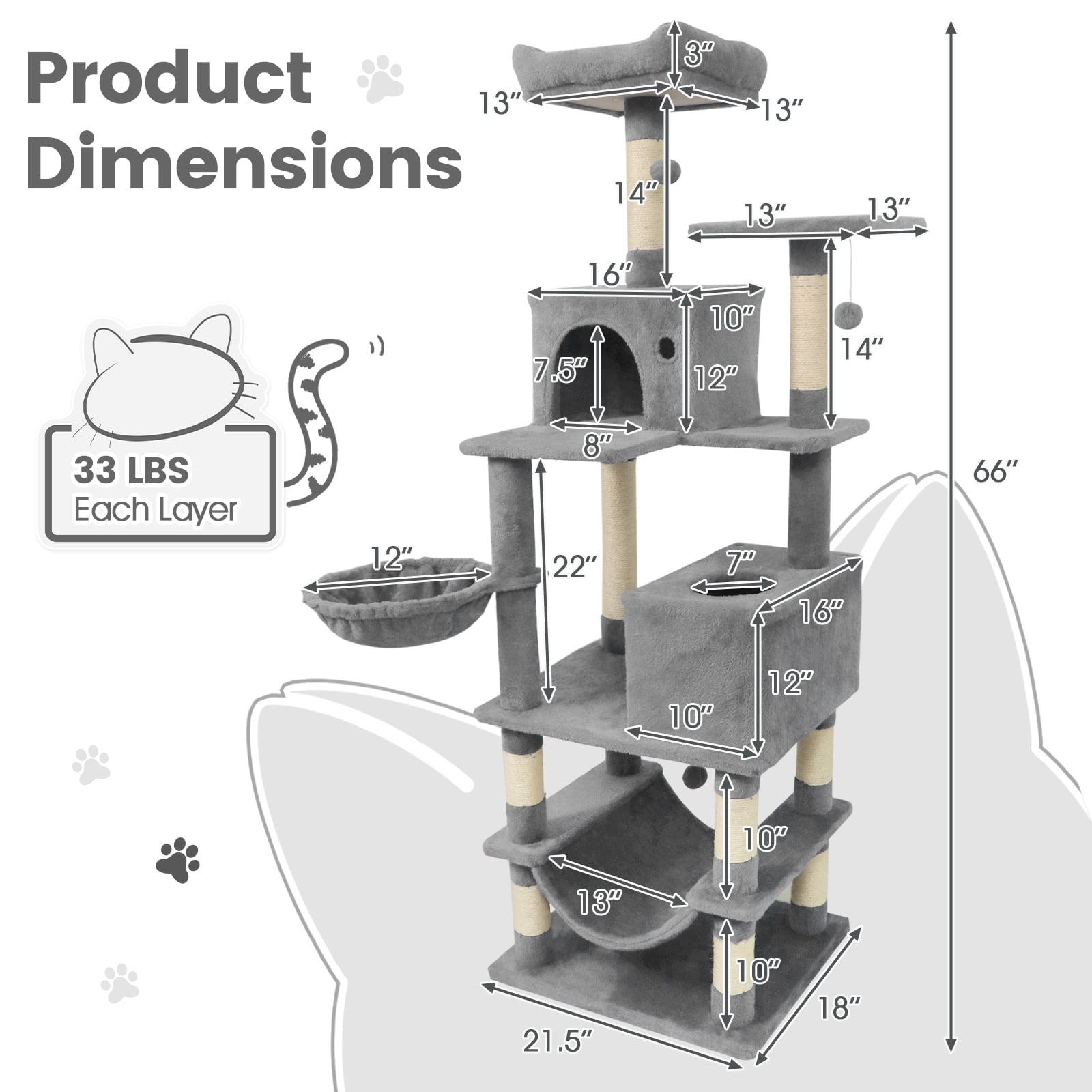 Gymax 66'' Tall Cat Tree w/2 Condos Sisal Scratching Posts Plush Perch Hammock Basket Light Gray