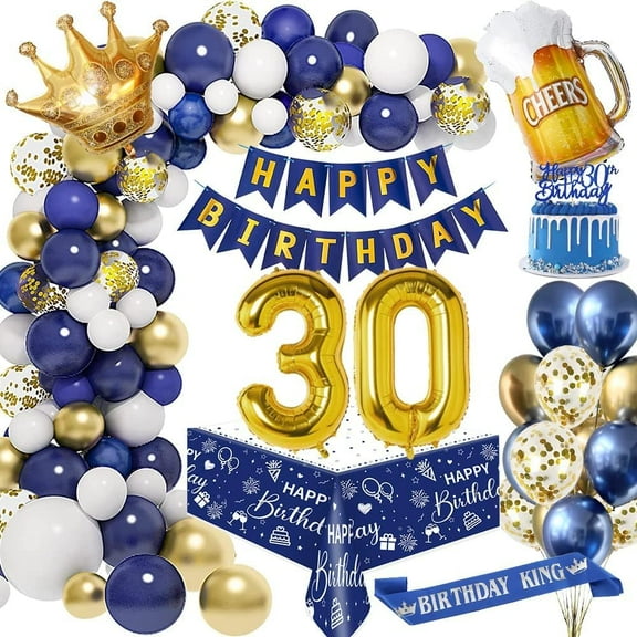 30th Birthday Decorations for Men, Blue Gold Balloons Garland Kit with 30 Foil Balloon, Banner, Tablecloth, Cake Topper, Birthday Sash, for 30th Birthday Party Decoration