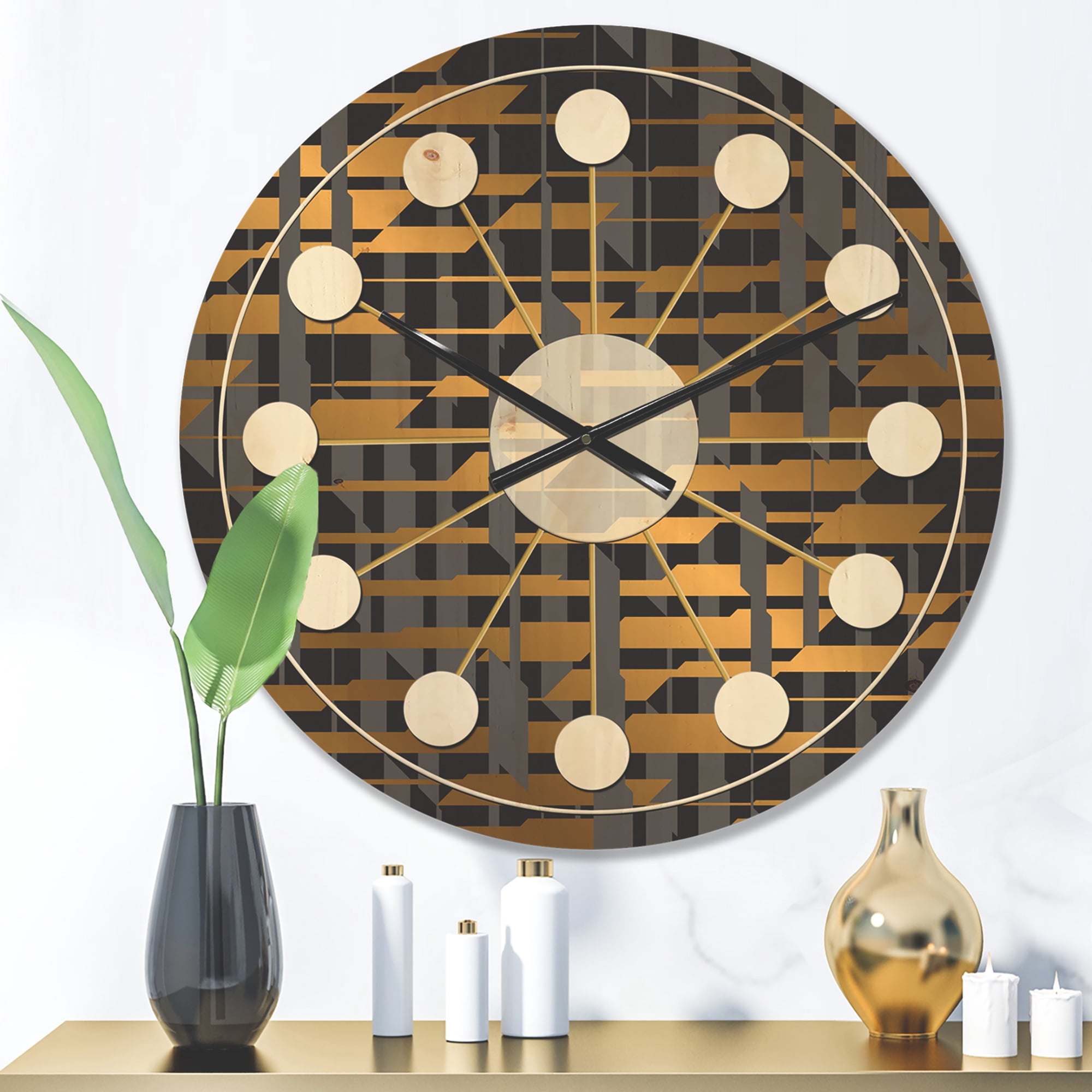 Designart 'Gold Checkered Retro Pattern I' Mid-Century Modern Wood Wall Clock