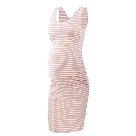 

Wassery Womens Maternity Dresses Sleeveless Crew Neck Stripe Pregnancy Dress Summer Casual Slim Fit Dress