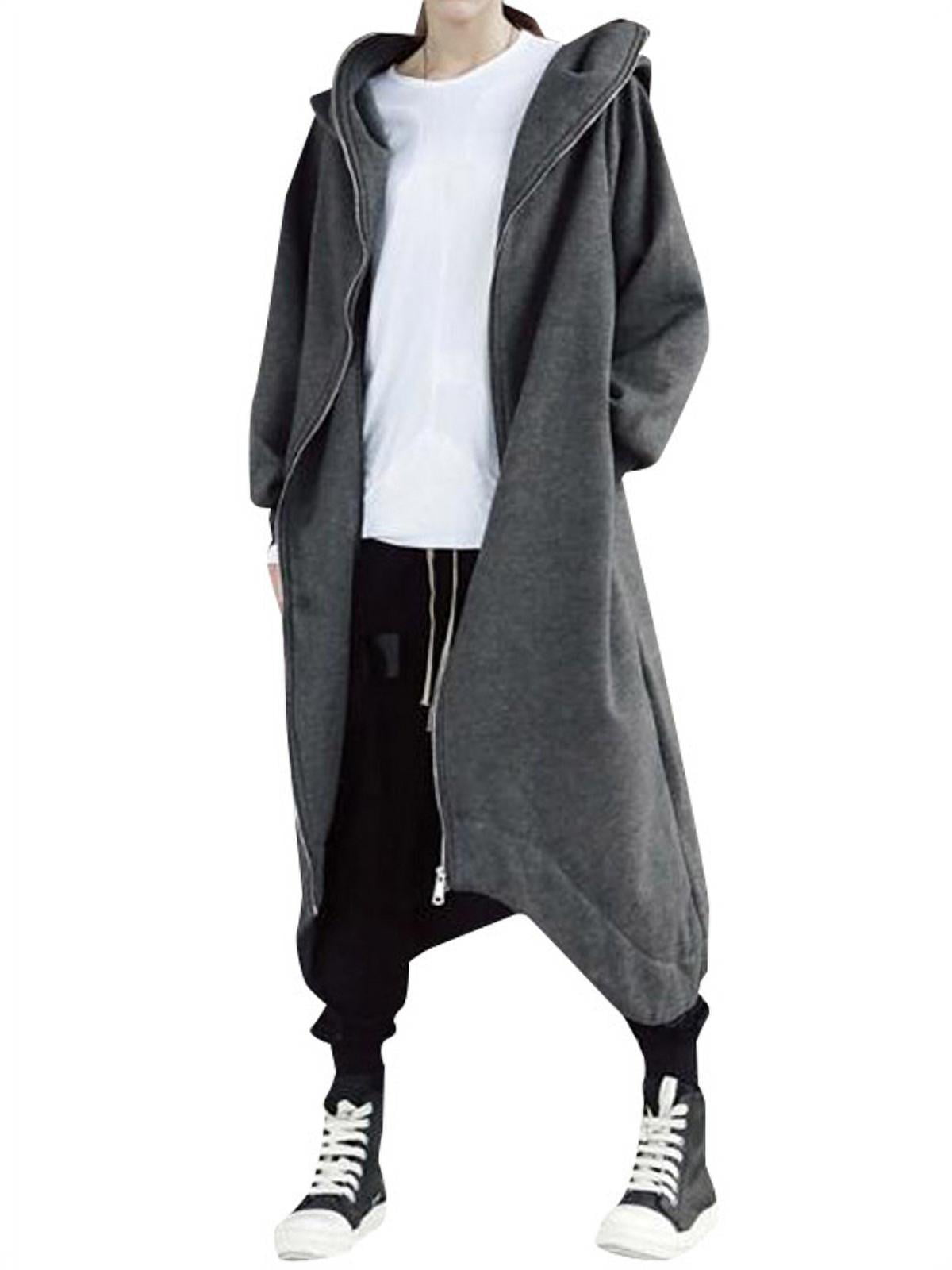 Women Solid Color Casual Loose Sweatshirts Zipper Hoodie Coat Long Jacket Outerwear with Pockets Size L Black 