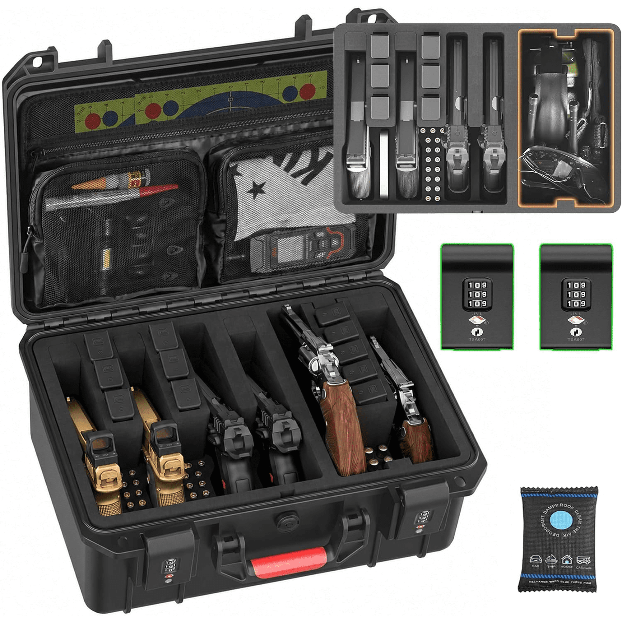 Kinghardcase Lockable Hard Handgun Case for 6 Pistols and 11 Magazines Pre-Cut Foam Dual Combination Locks Accessory Storage Black