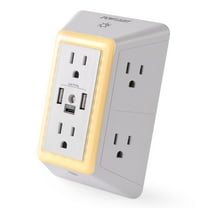 3-Sided Power Strip Outlet Extender - 6 AC Outlets, 3 USB Ports (1 USB-C) and Touch Night Light, Surge Protector for Home, Office, Dorm, White