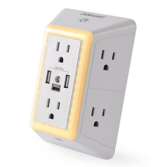 3-Sided Power Strip Outlet Extender - 6 AC Outlets, 3 USB Ports (1 USB-C) and Touch Night Light, Surge Protector for Home, Office, Dorm, White