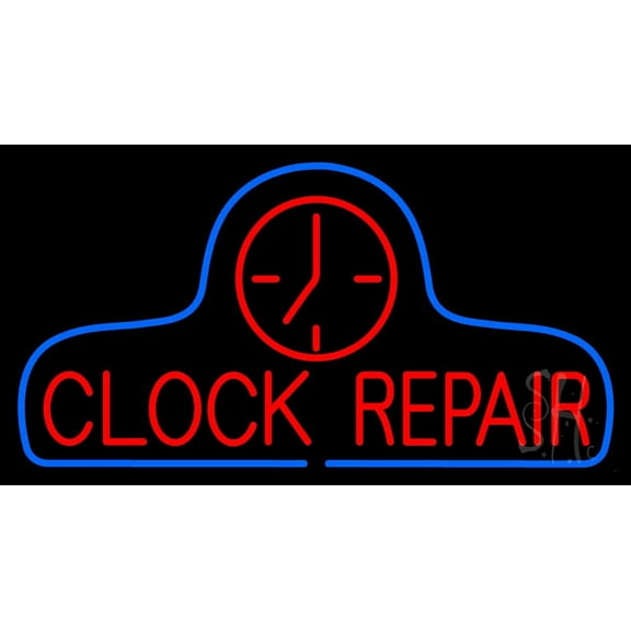 Red Clock Repair With Clock Logo LED Neon Sign 20 x 37 - inches, Clear Edge Cut Acrylic Backing, with Dimmer - Bright and Premium built indoor LED Neon Sign for Computer & Electronics store decor.