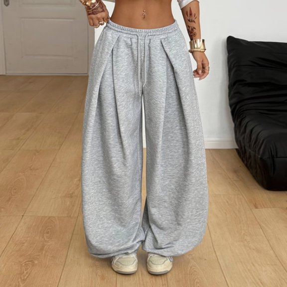Evdexr Womens Wide Leg Sweatpants Drawstring Barrel Baggy Pant Winter Fall Travel Lounge Sweatpants Lightweight Pleated Elastic Trousers XL