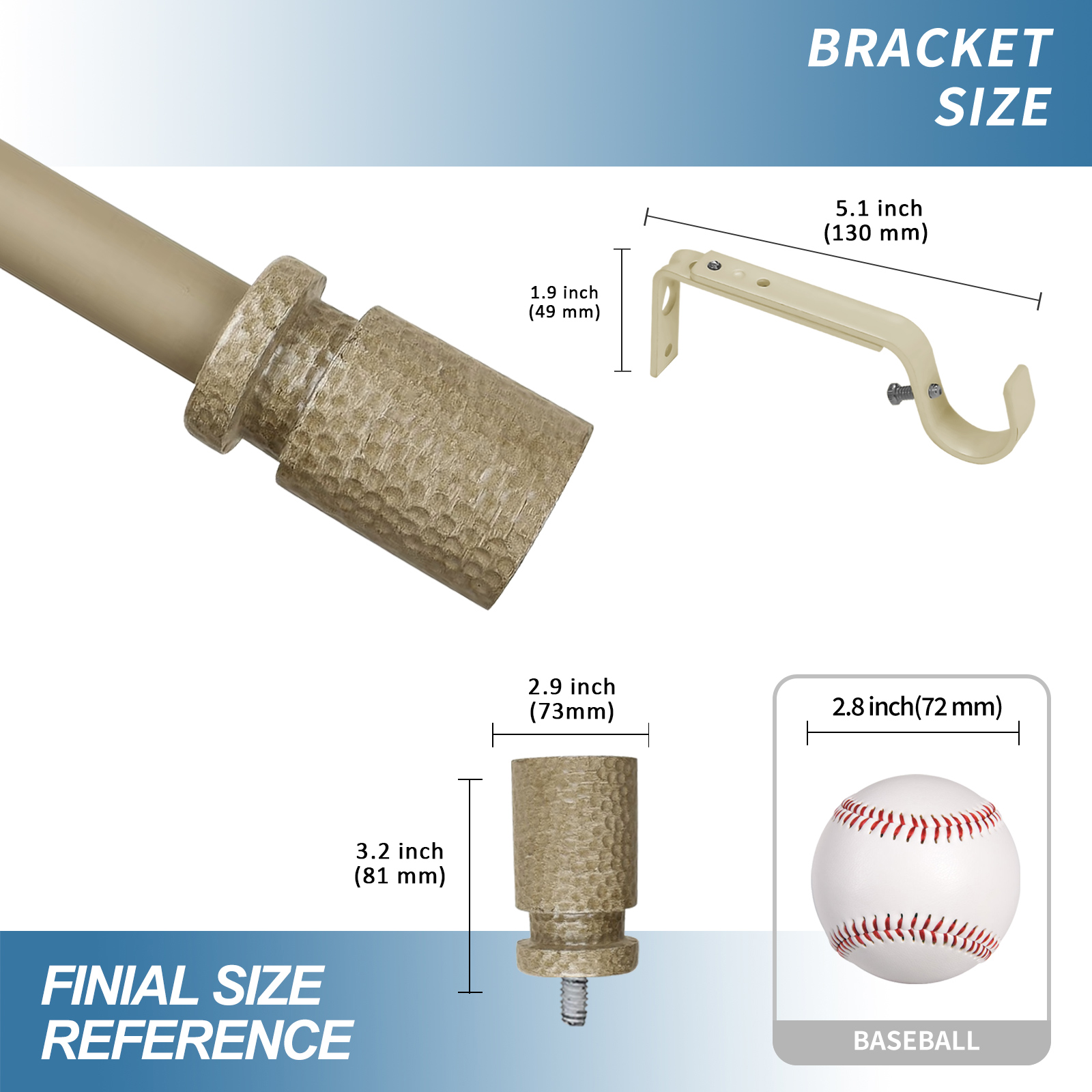 Urbanest 1" Hammered Adjustable Curtain Rod with Designer Finials — Heavy-Duty Metal Telescoping Rod, Easy Install, 28"–48″, Cottage Beige