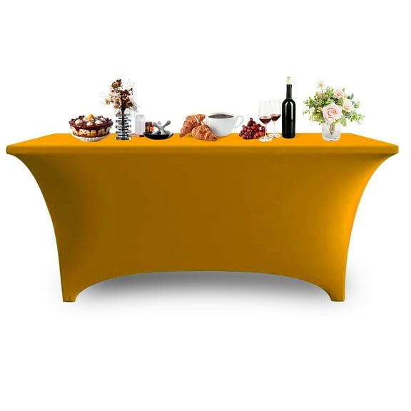 6FT Spandex Table Cover Rectangular Stretch Spandex Tablecloth, Table Clamps for Outdoor Picnic Beach Party Camping,Gold, 1Pack