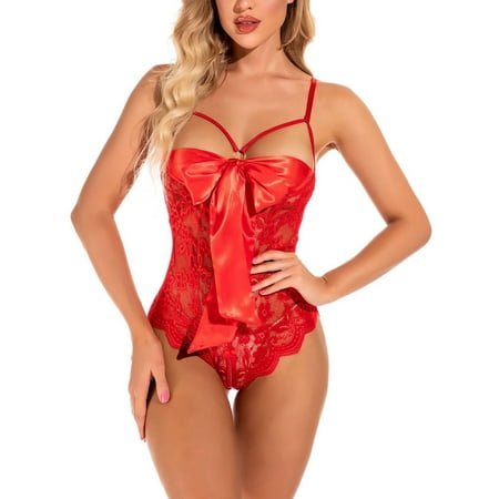 

Niuer Ladies Sleepwear Lace Lingerie Deep V Backless Bodysuit Floral Women Teddy Crotchless Mini Hollow Out Red 2XL