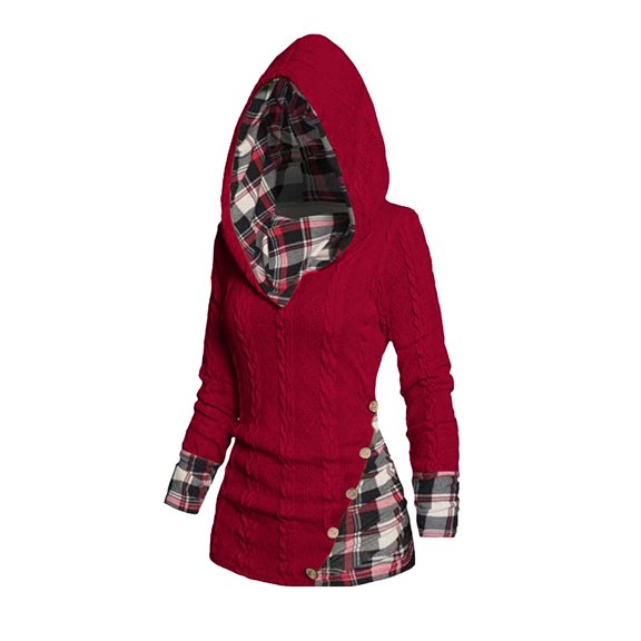 Qetyuw Cable Knit Hooodies for Women Plaid Splicing Button Decor Sweatshirt Casual Long Sleeve Print Pullover