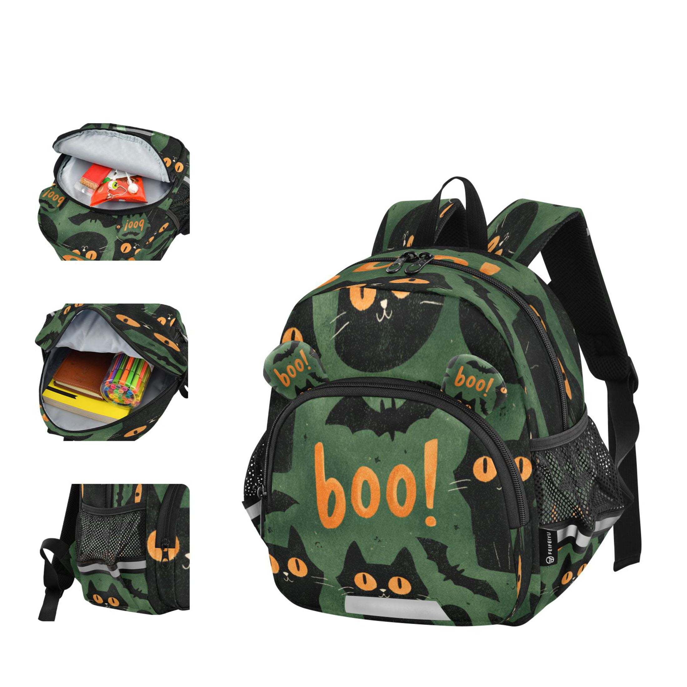 RMDQTR Adorable Ear-Print Backpack with Reflective Strip and Anti-Lost Leash Adjustable Shoulder Straps Mini Travel Backpack Black Cats with Orange Eyes