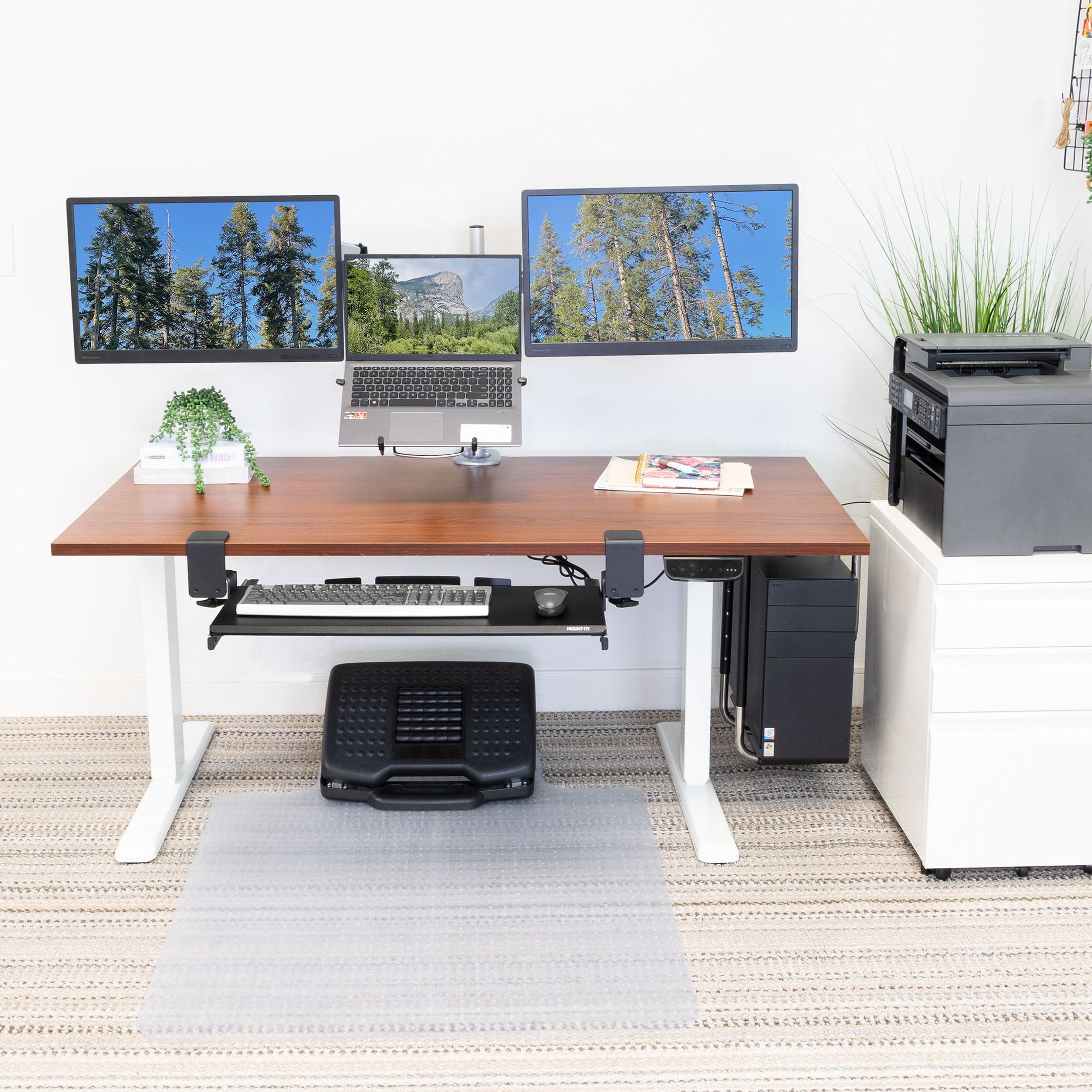 Mount-It! Electric Sit-Stand Desk with Extra-Wide Brown Tabletop and Dual Motor, White Frame