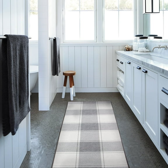 My Magic Carpet 2.5'x7' Machine Washable Non-Slip Kitchen Hallway Rug, Buffalo Plaid Grey And White