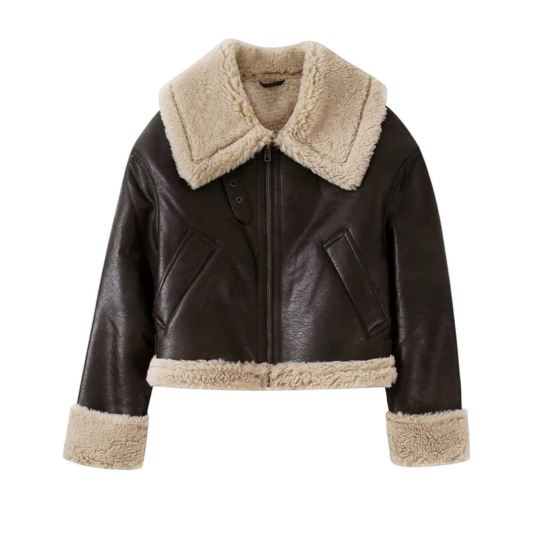 Jane Wardrobe Faux Shearling Trim Leather Moto Jacket for Women