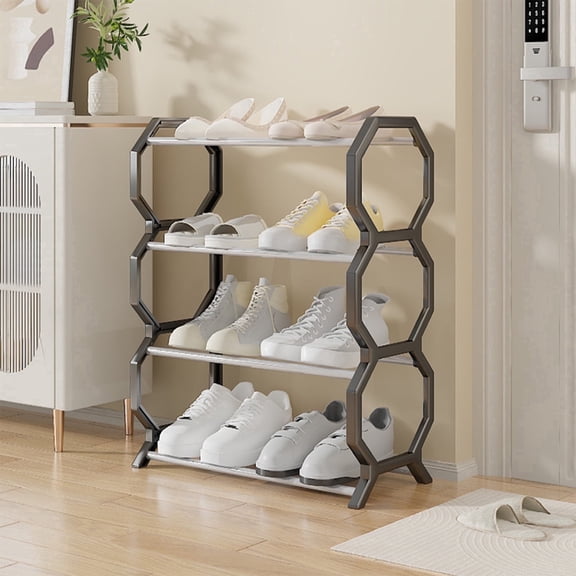Shoe Rack for Front Door Entrance, 4 Tier Height-Adjustable Metal Shoe Rack, Sturdy Wooden Top and Tiltable Steel Frame Heavy Duty Shoe Organizer for Bathroom,Bedroom,Kitchen,Black