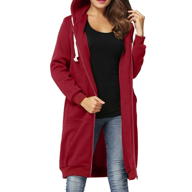 Nueva moda mujer sudadera con capucha larga sudadera con capucha abrigo bolsillos casuales cremaller Meterk Borgoña XXXXXL
