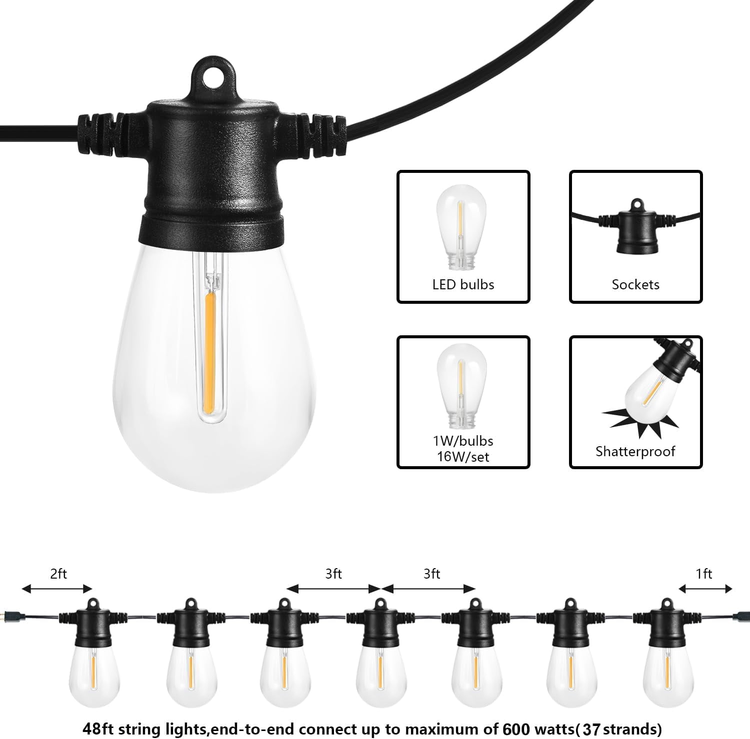 SUNTHIN Outdoor String Lights, 48FT Patio Lights with 16 LED Shatterproof Bulbs for Outside, Backyard, Deck, Porch, Garden, Bistro, Cafe, Party