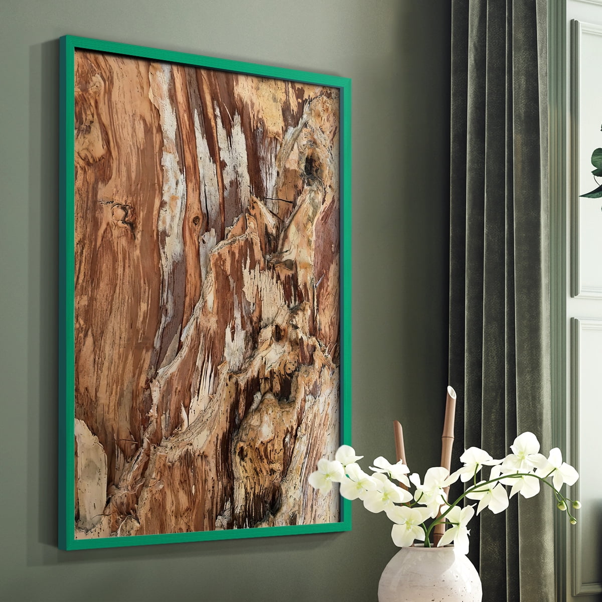 Tree Texture Triptych I Framed Print in Green Solid Wood Framed Print No Nail Hanging