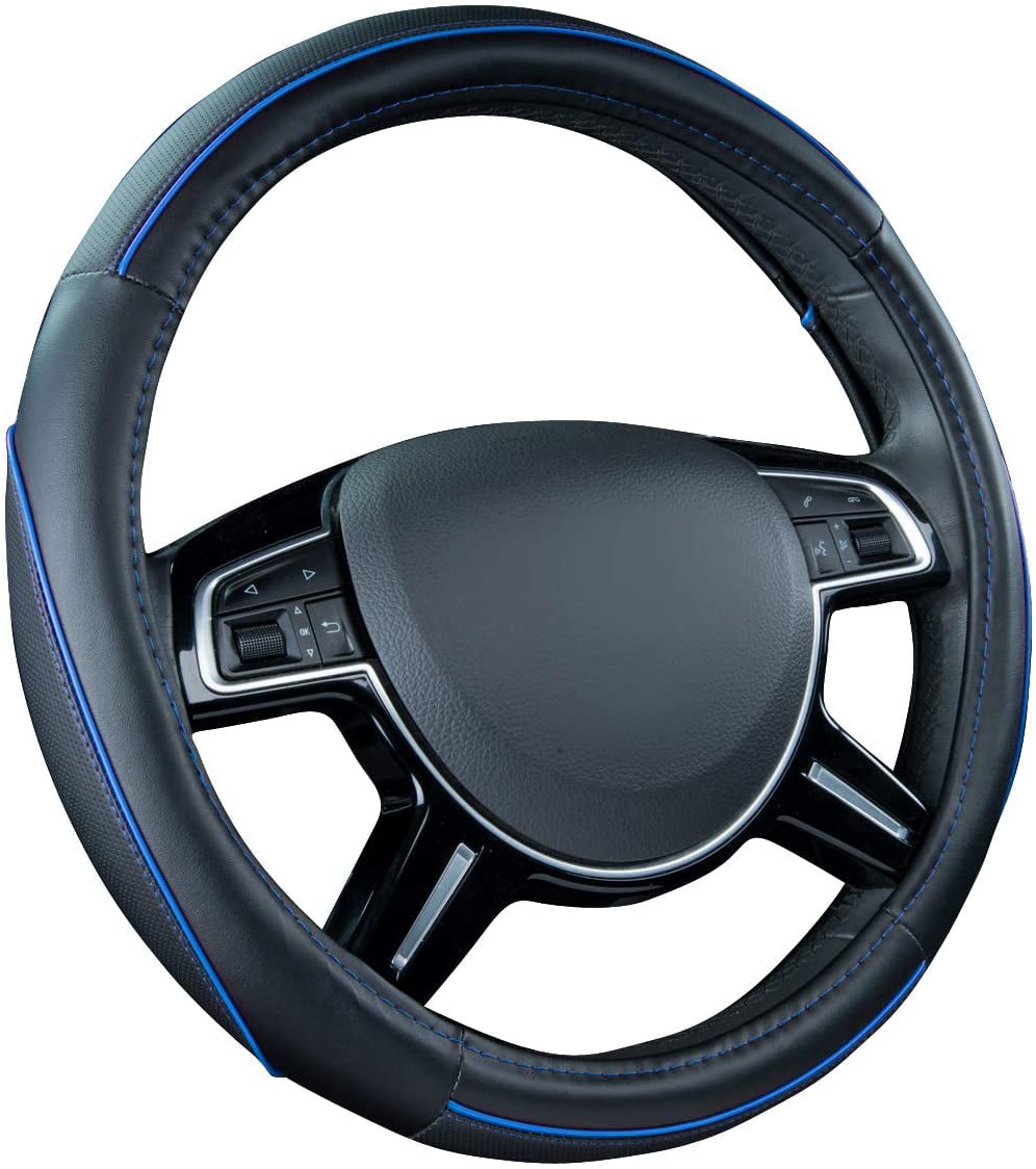 Black and Blue CAR PASS Colour Piping Leather Universal Fit Steering Wheel Cover,Perpectly fit for Suvs,Vans,Trucks,Sedans,Cars 